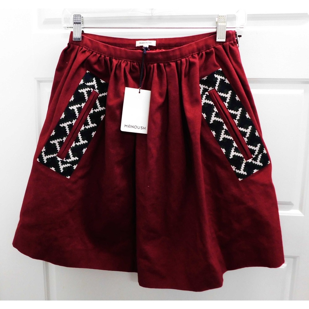 New Manoush Mini Skirt Womens FR 36 Burgundy Jupe Canvas Pockets Side Zip $385rt